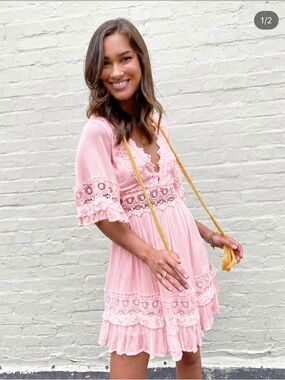 Pink Lace Trim V-Neck Ruffled Dress
